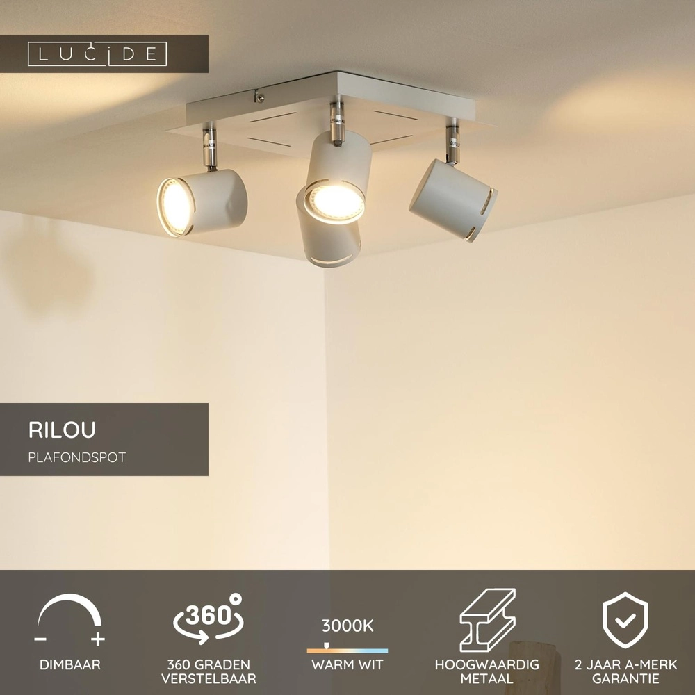 Ceiling spotlight Rilou 4-light dimmable white Lucide 5411212261991