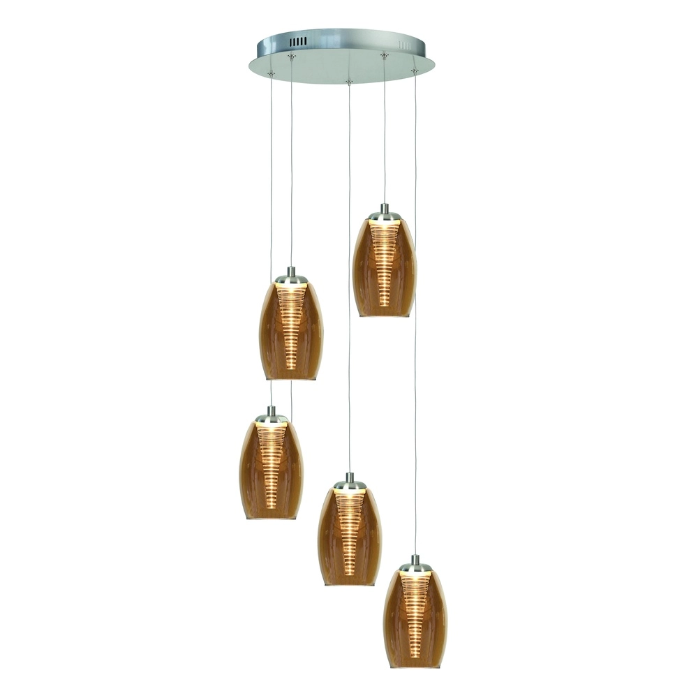 Pendant lamp Nebula nickel round 5-light amber glass