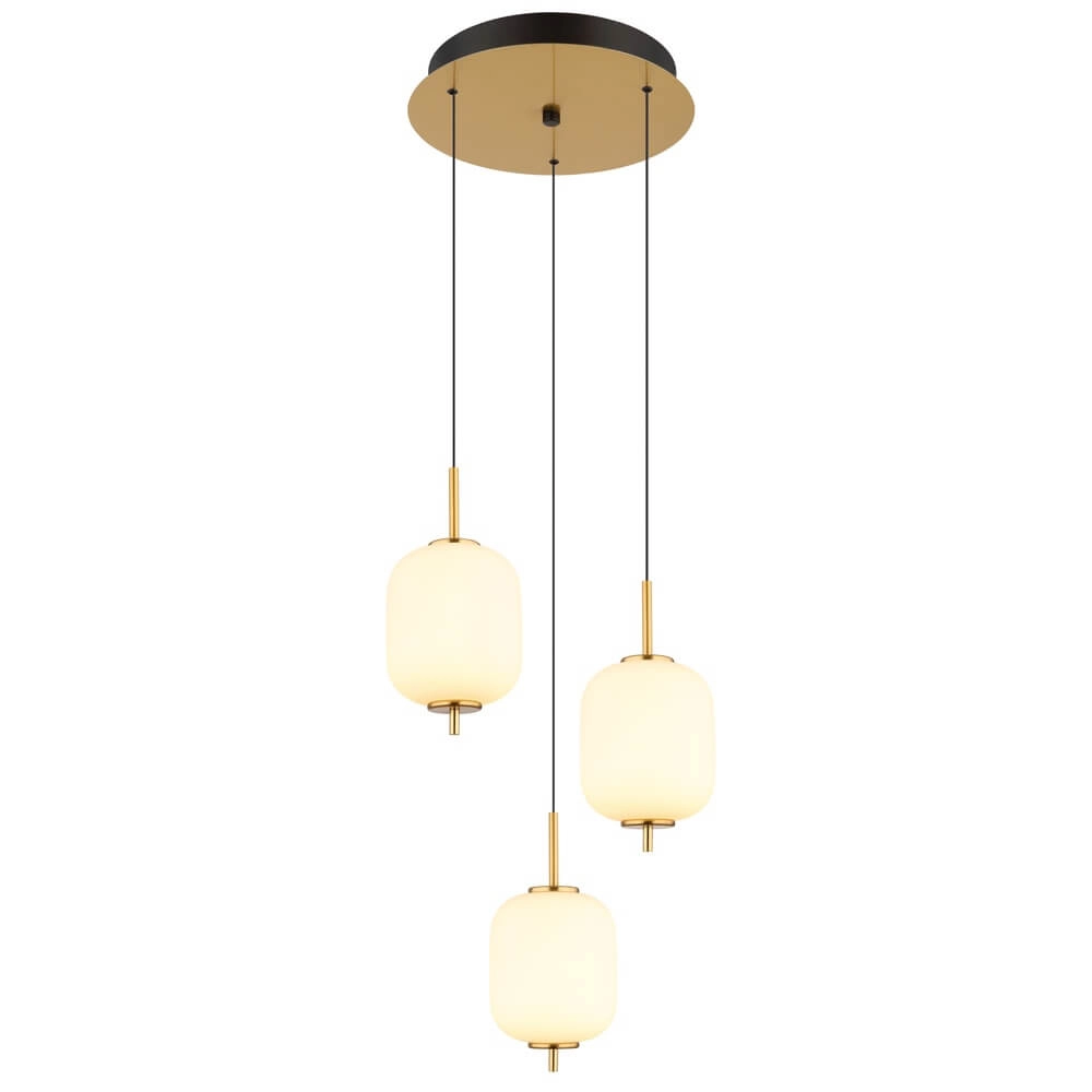 Golden pendant lamp Ewald 3-light Ø 37.5cm white glass