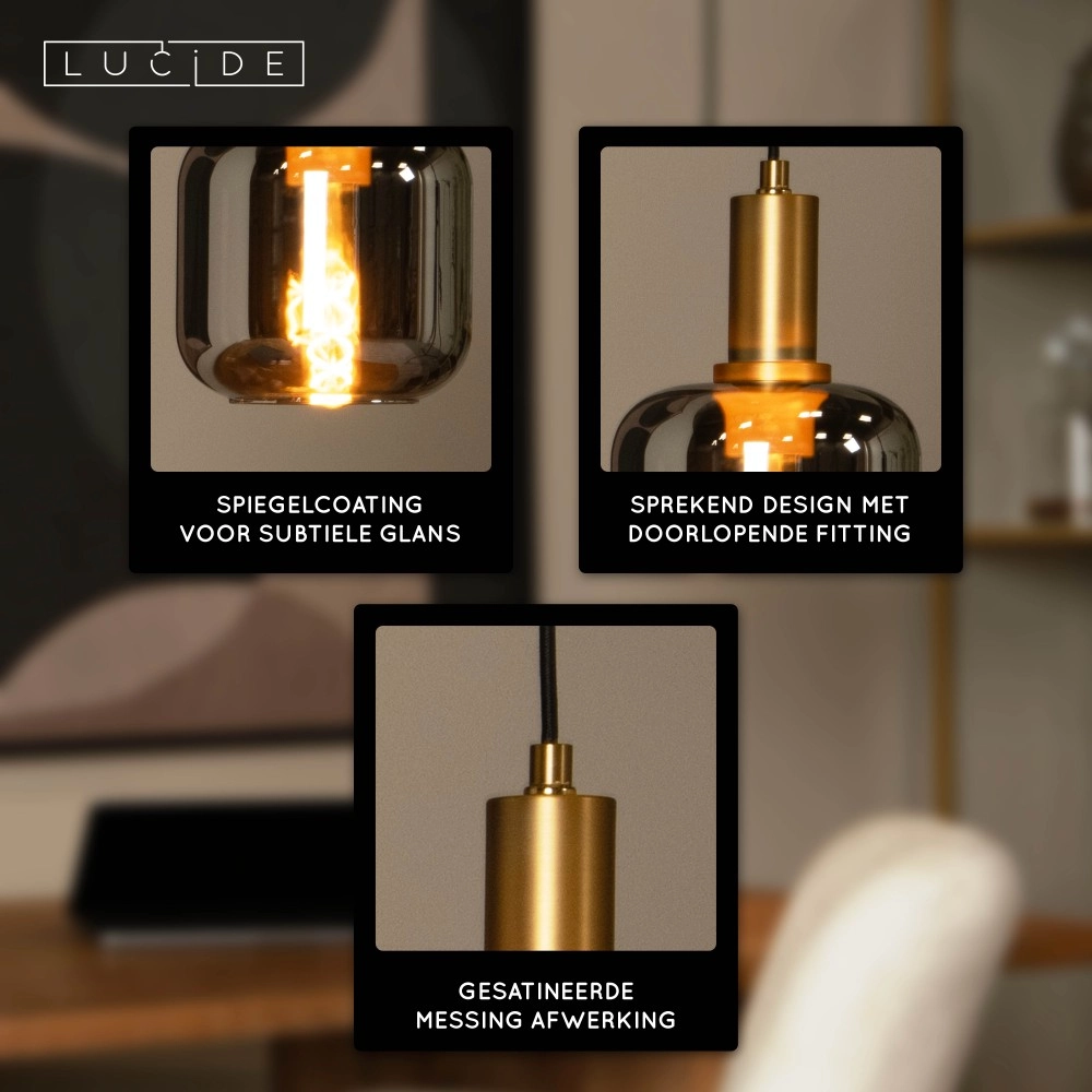 Pendant lamp Joanet Ø 16cm gold with smoke glass Lucide 5411212452641