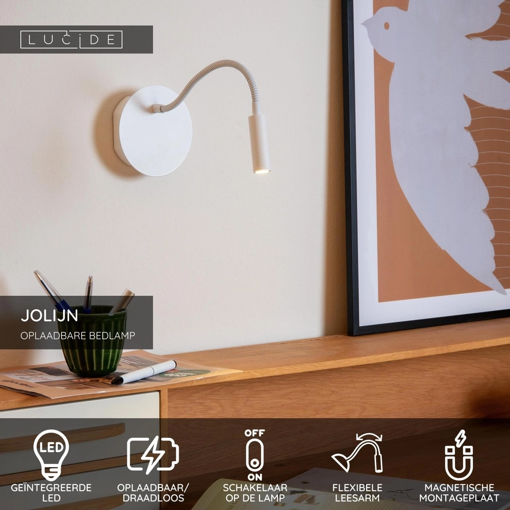 Rechargeable wall lamp Jolijn bedside lamp white Lucide 5411212771391
