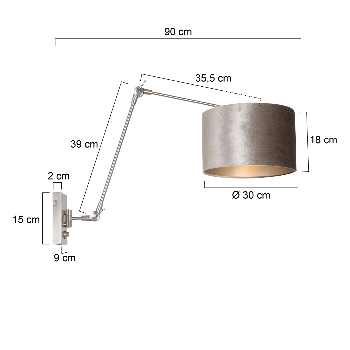 Wall Reading Lamp Prestige Chic Stainless steel with 30cm taupe velvet shade Steinhauer 8712746145809