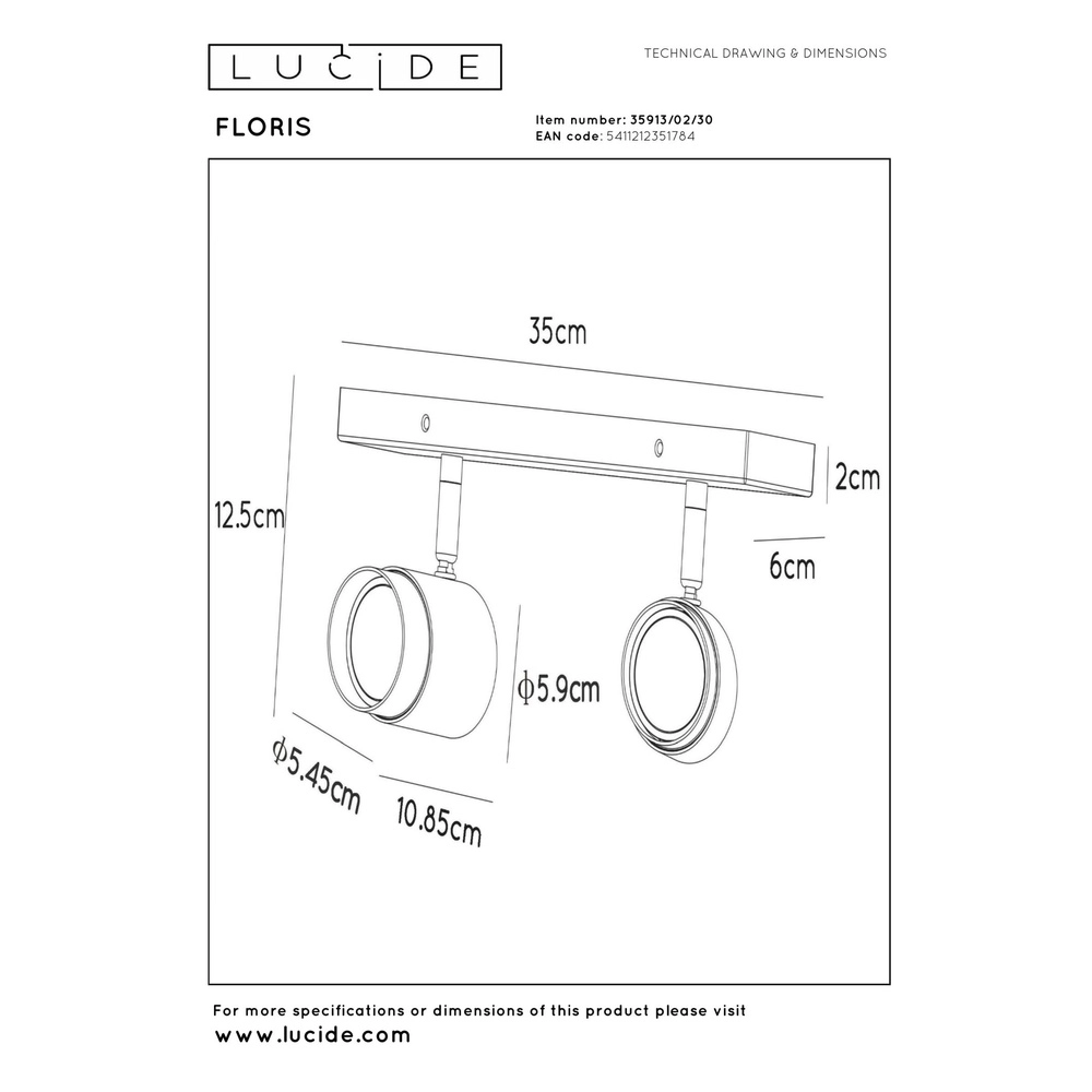 Ceiling spotlight Floris Double Black Lucide 5411212351784