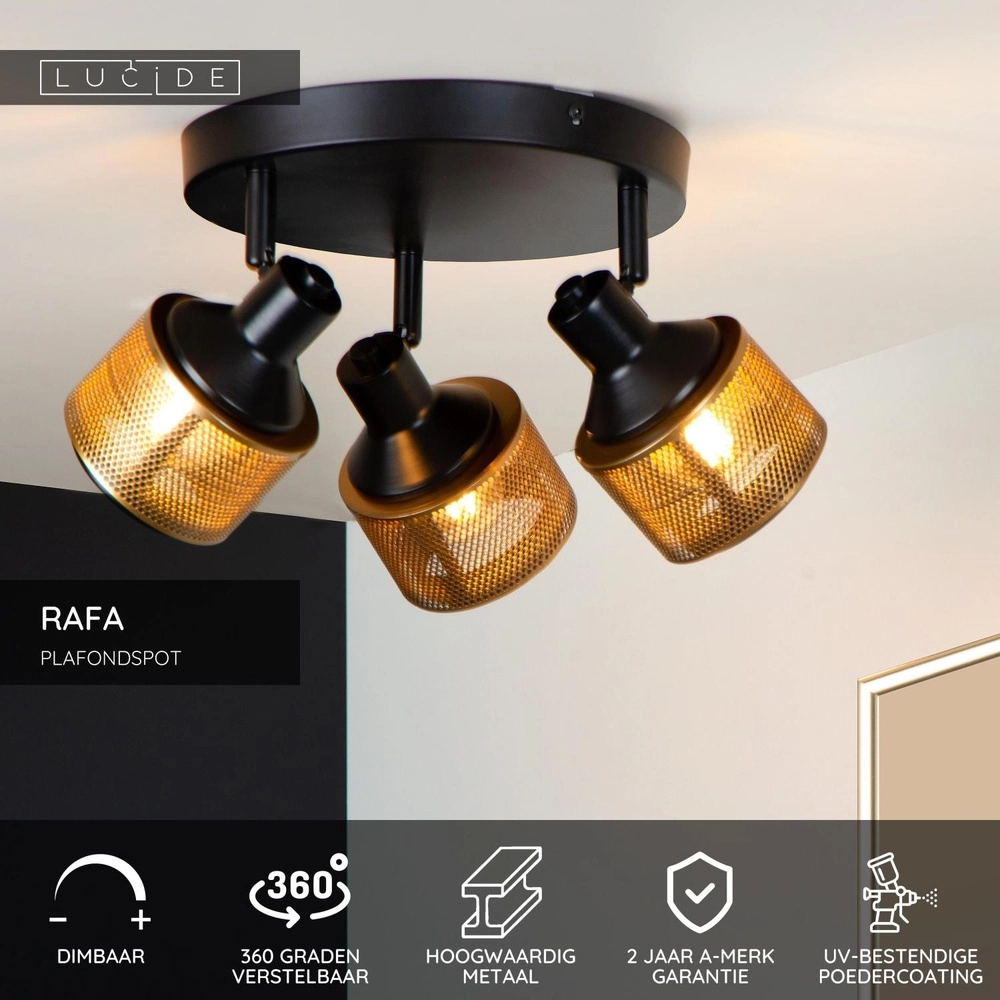Ceiling lamp Rafa 3-light black with copper Lucide 5411212771315