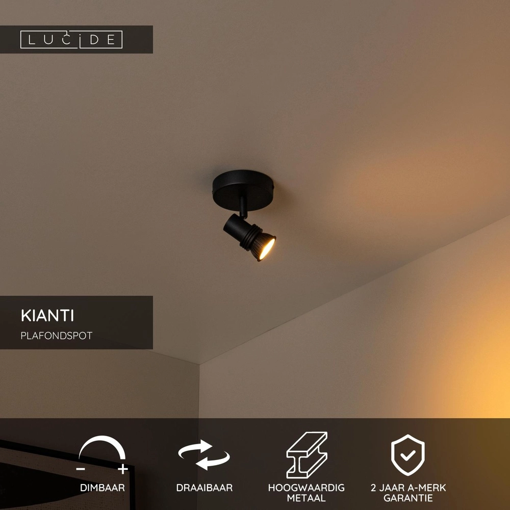 Ceiling spotlight Kianti Single Black Lucide 5411212530851