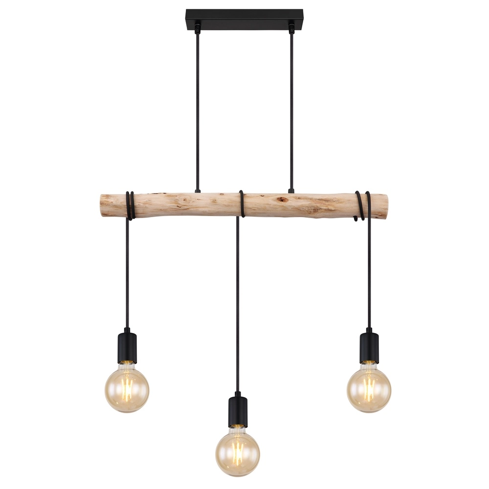 3-light dining table pendant lamp Gregor black with wood Globo 9007371436330