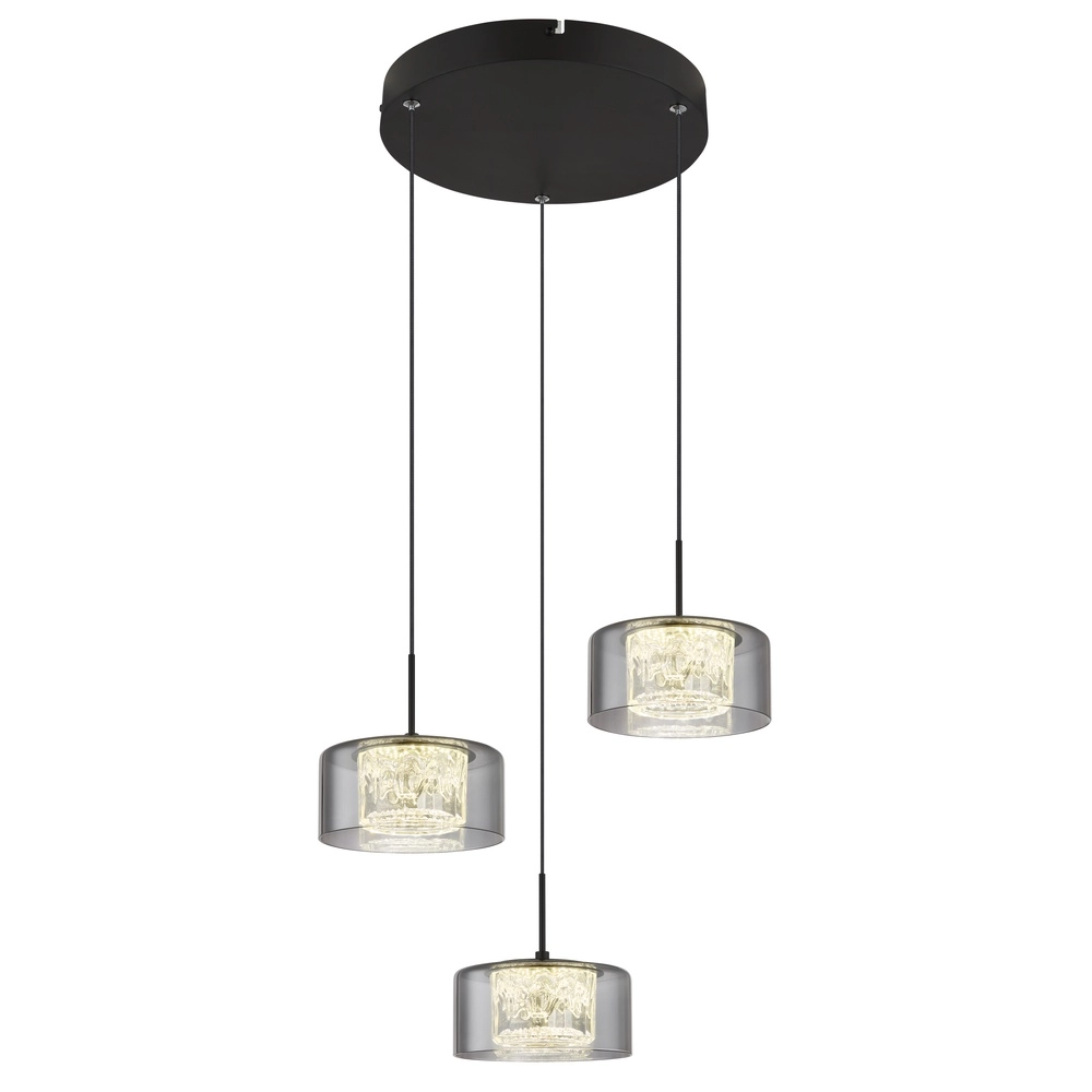Design pendant lamp Fogsy 3-light black with smoke glass