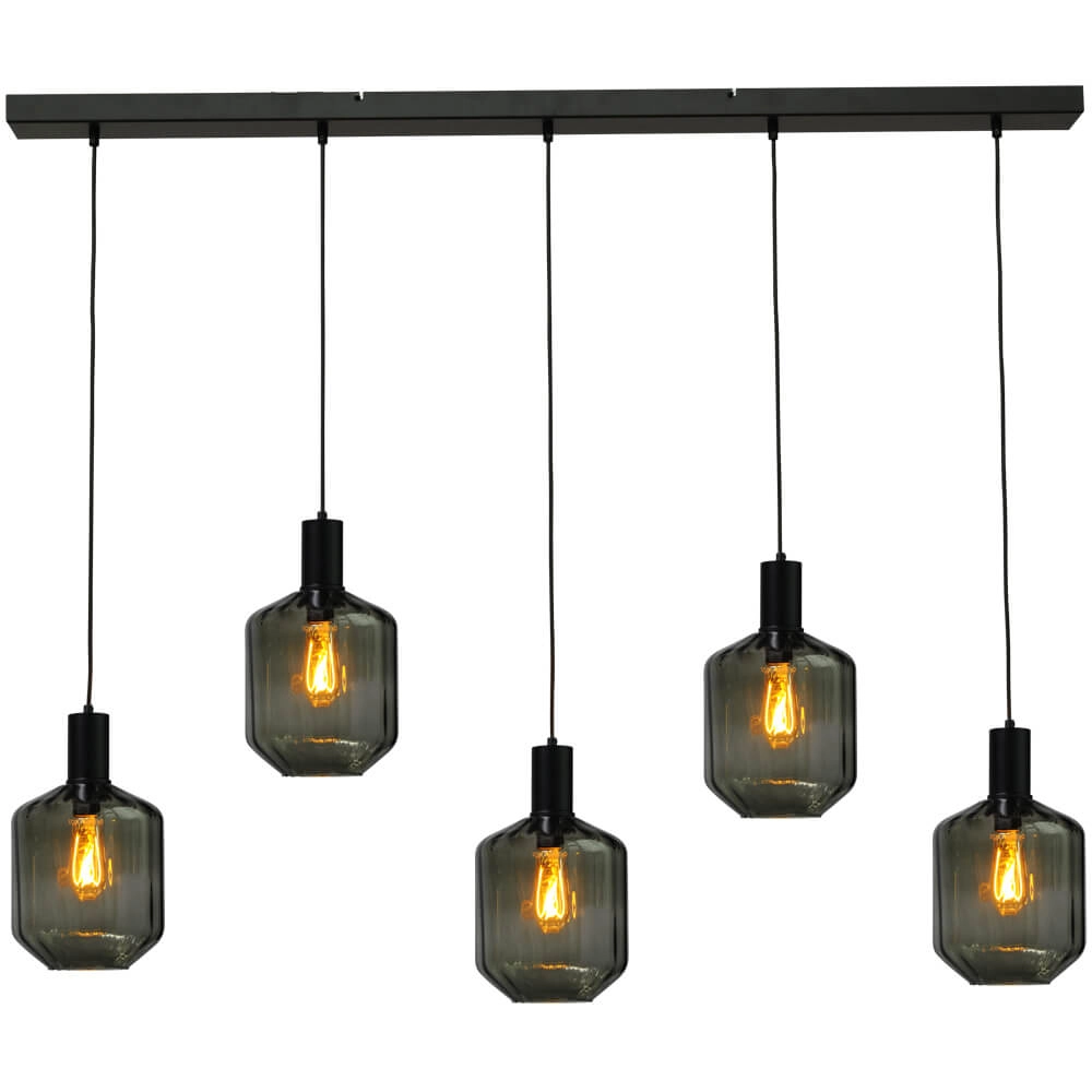 5-light hanging lamp - black - Porto with Jagger green lenses