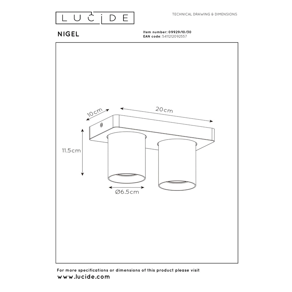 Ceiling spotlight Nigel 2-light black Lucide 5411212092557