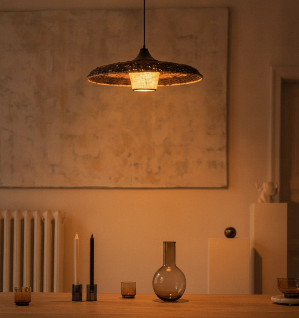 Pendant lamp Capa black with rattan