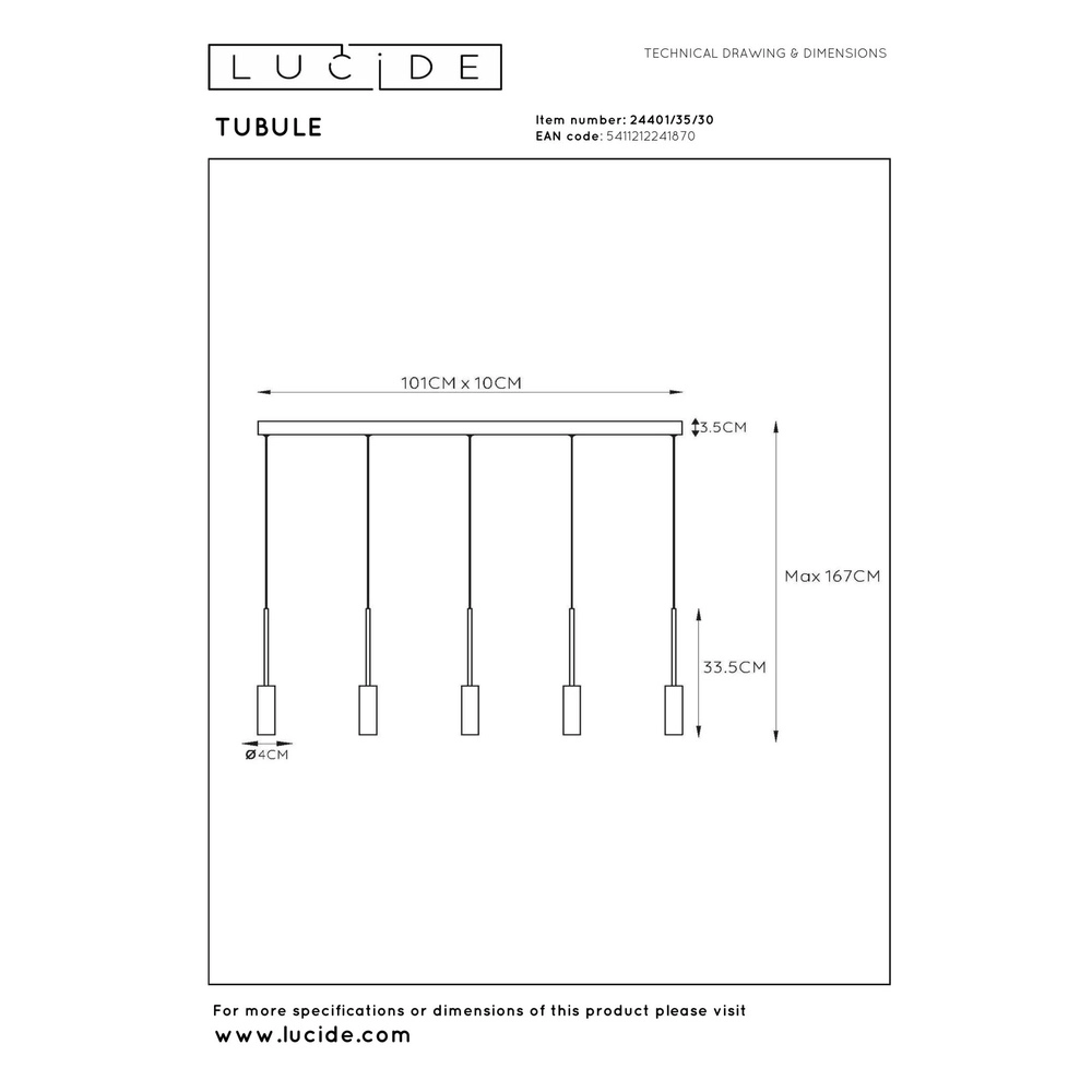 5-light design pendant lamp Tubule Black Lucide 5411212241870