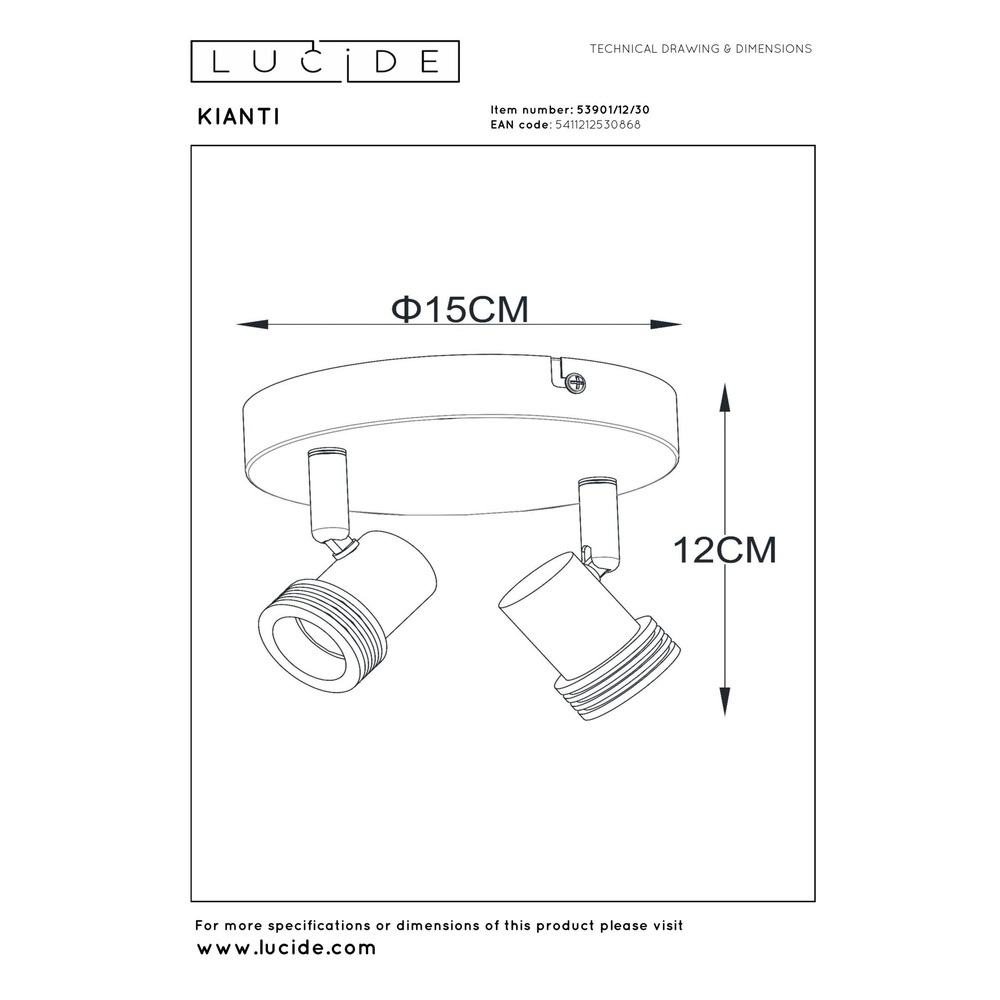 Ceiling spotlight Kianti 2-light black Lucide 5411212530868