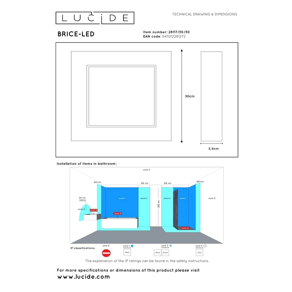 Ceiling light Brice-Led 30cm square IP44 black Lucide 5411212281272