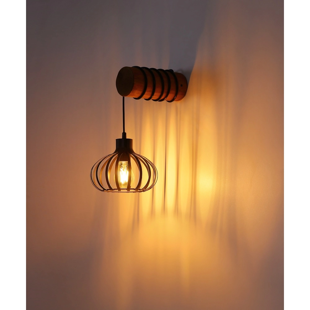 Country wall lamp Caldwell black with wood Globo 9007371592586