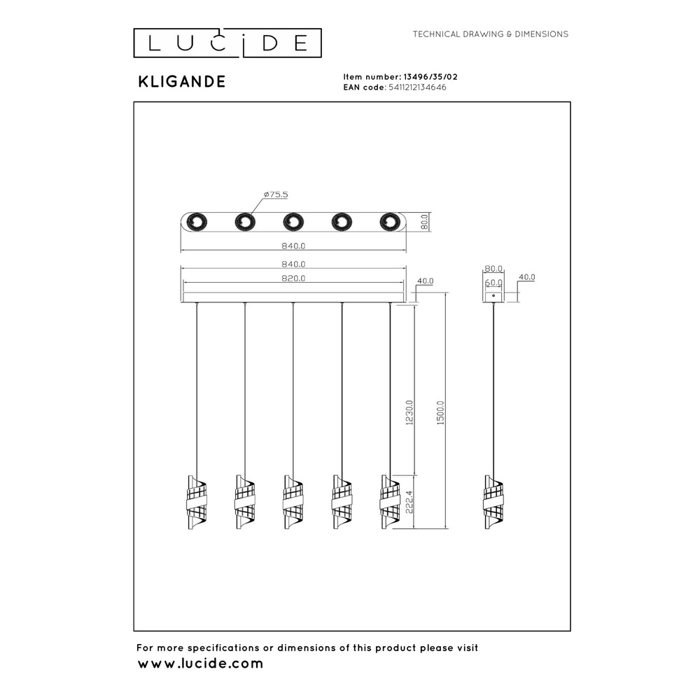 Design pendant lamp Kligande 5-light gold straight Lucide 5411212134646