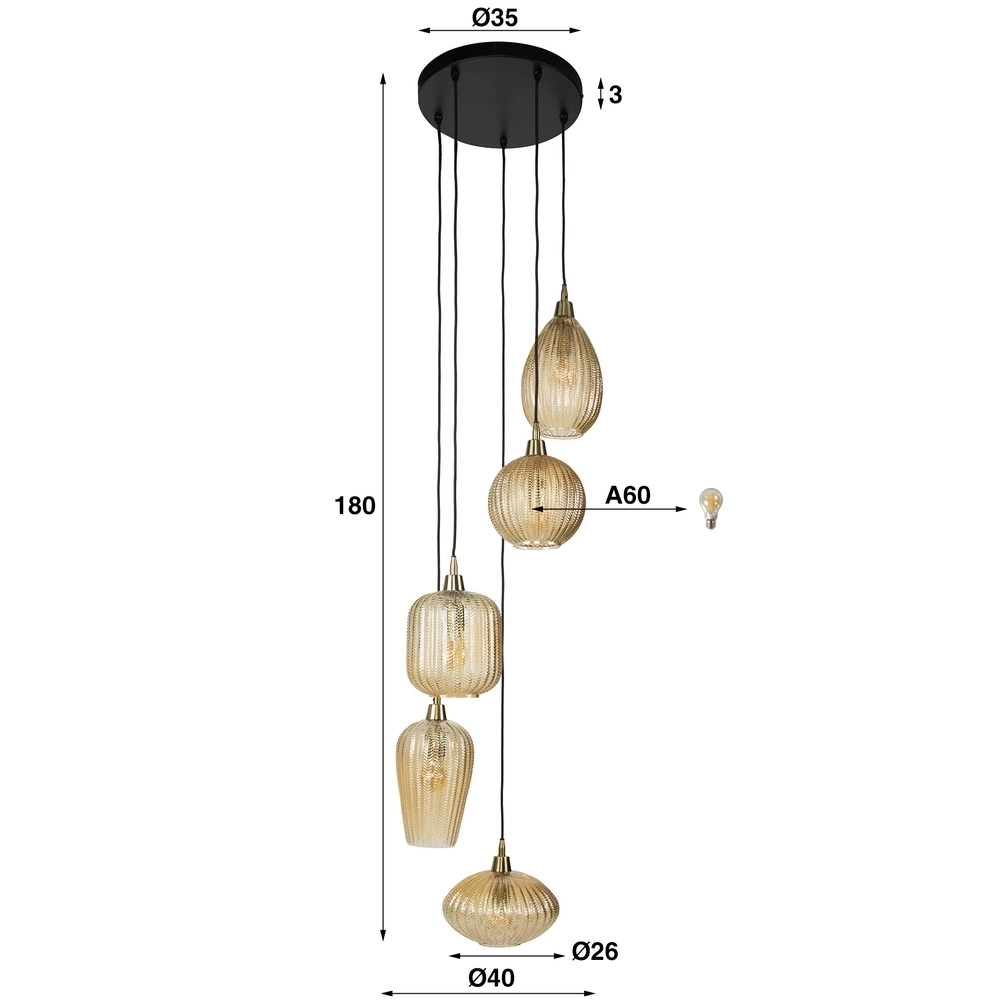 Dining room pendant lamp V-Shape 5-light - ribbed glass Lyora 8716803511156