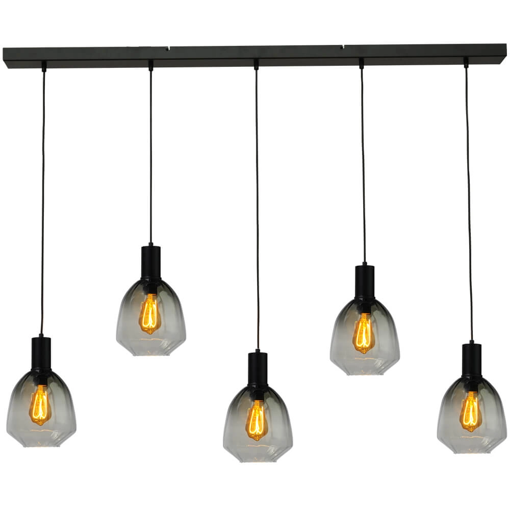 5-light hanging lamp - black - Porto with Nicolette green glasses