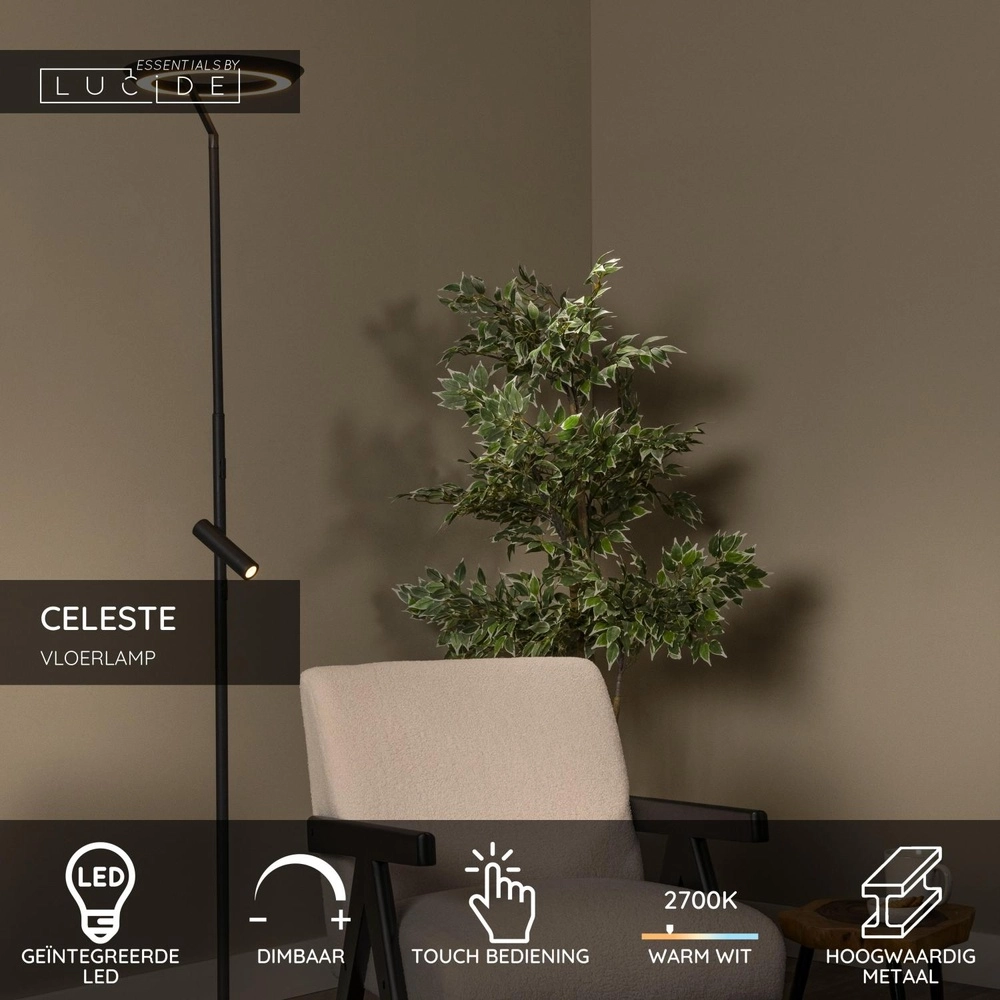 Design floor lamp Celeste black Ø 28cm with reading light Lucide 5411212032263