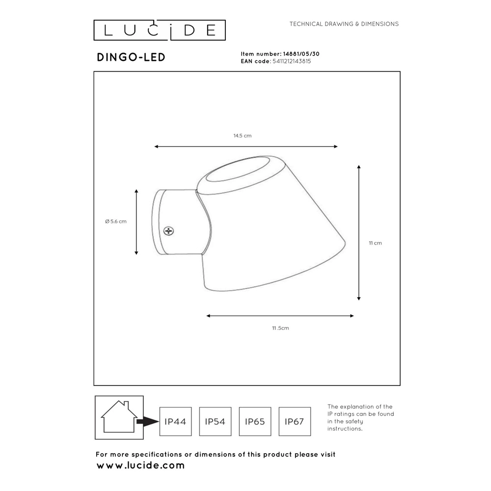Wall spotlight Dingo-Led IP44 anthracite Lucide 5411212143815