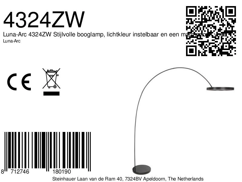 Modern arc lamp Luna-Arc Black Steinhauer 8712746180190