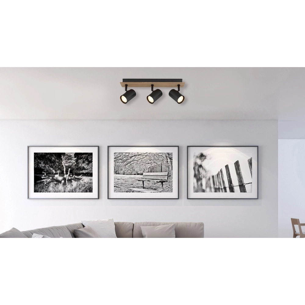 Ceiling lamp Linca 3-light black with wood Globo 9007371455942