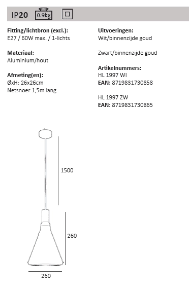 Hanging lamp Cornet Ø 26cm Artdelight 8719831730865