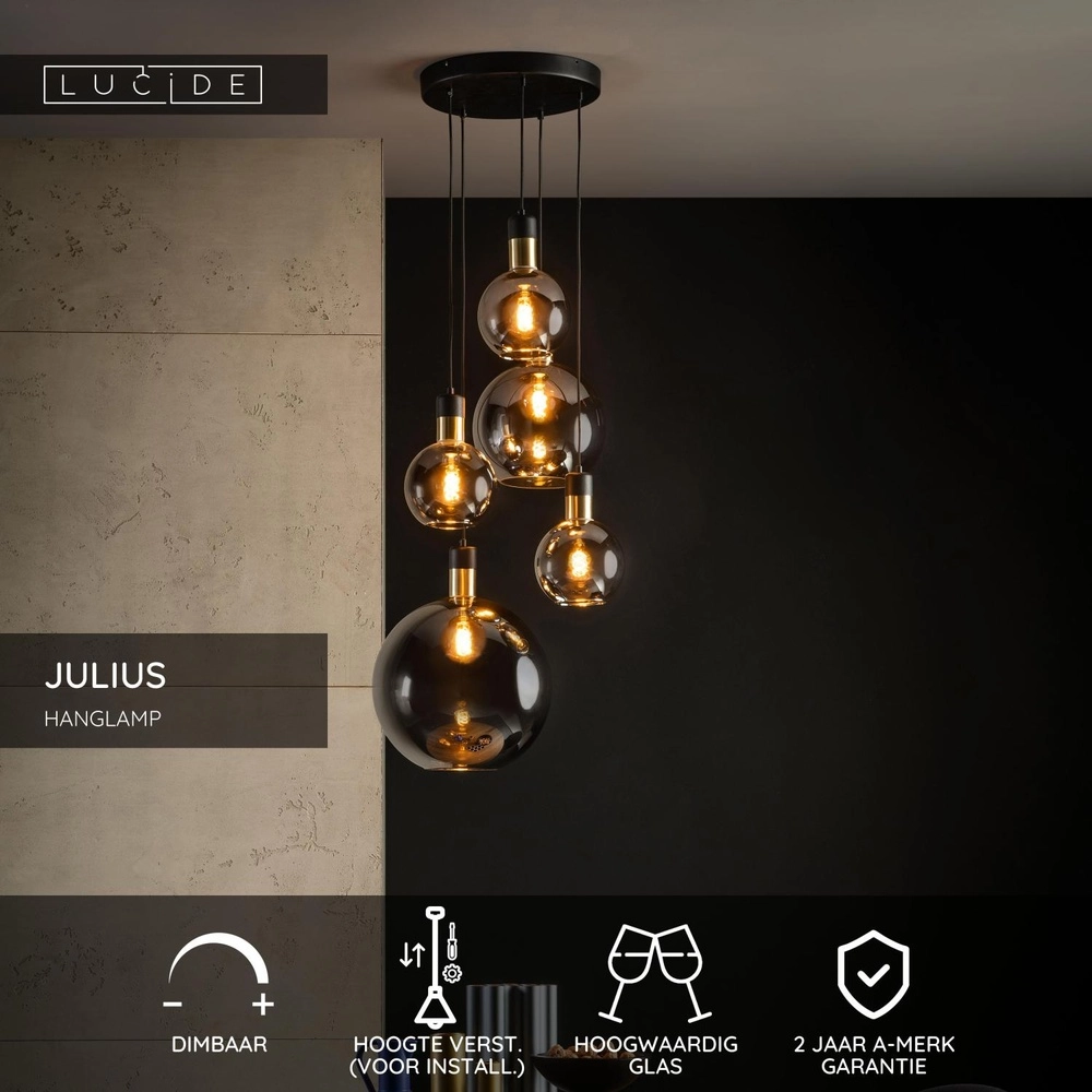 5-light pendant lamp Julius smoke glass Lucide 5411212343451