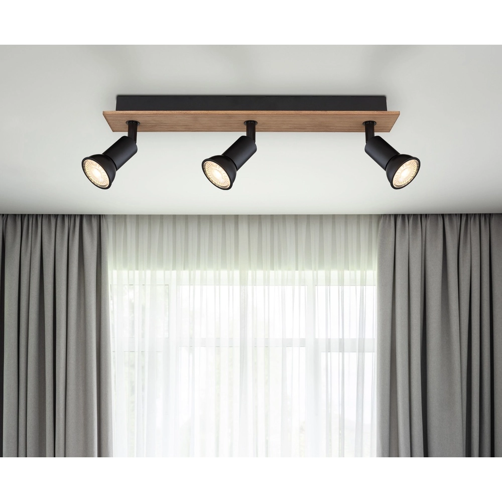 Ceiling spotlight Drew black with wood 3-lights Globo 9007371433780