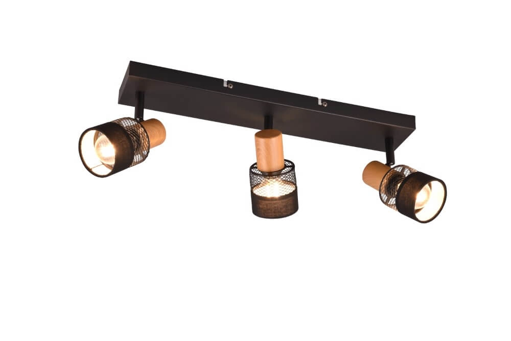 3-light surface-mounted spotlight Nandini black with wood