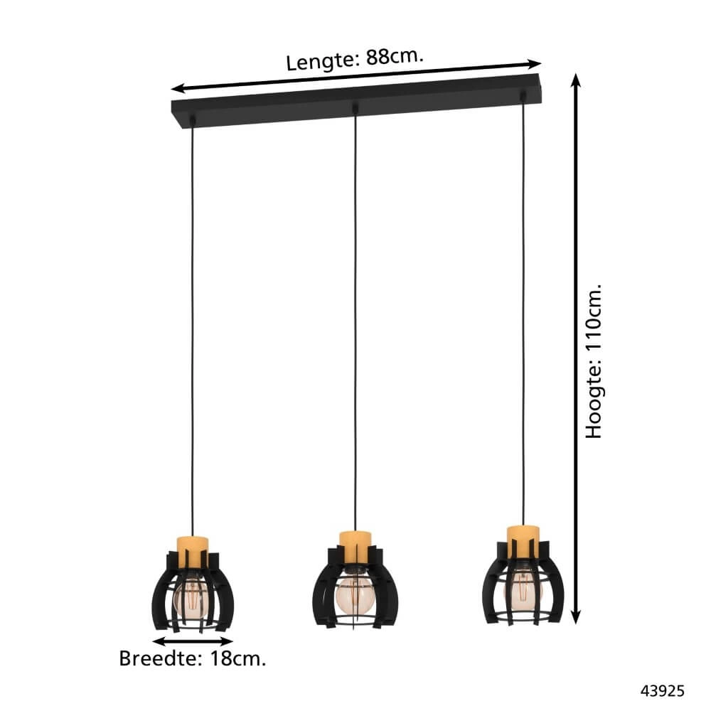 3-light hanging lamp Stillington 1 black with wood Eglo 9002759439255