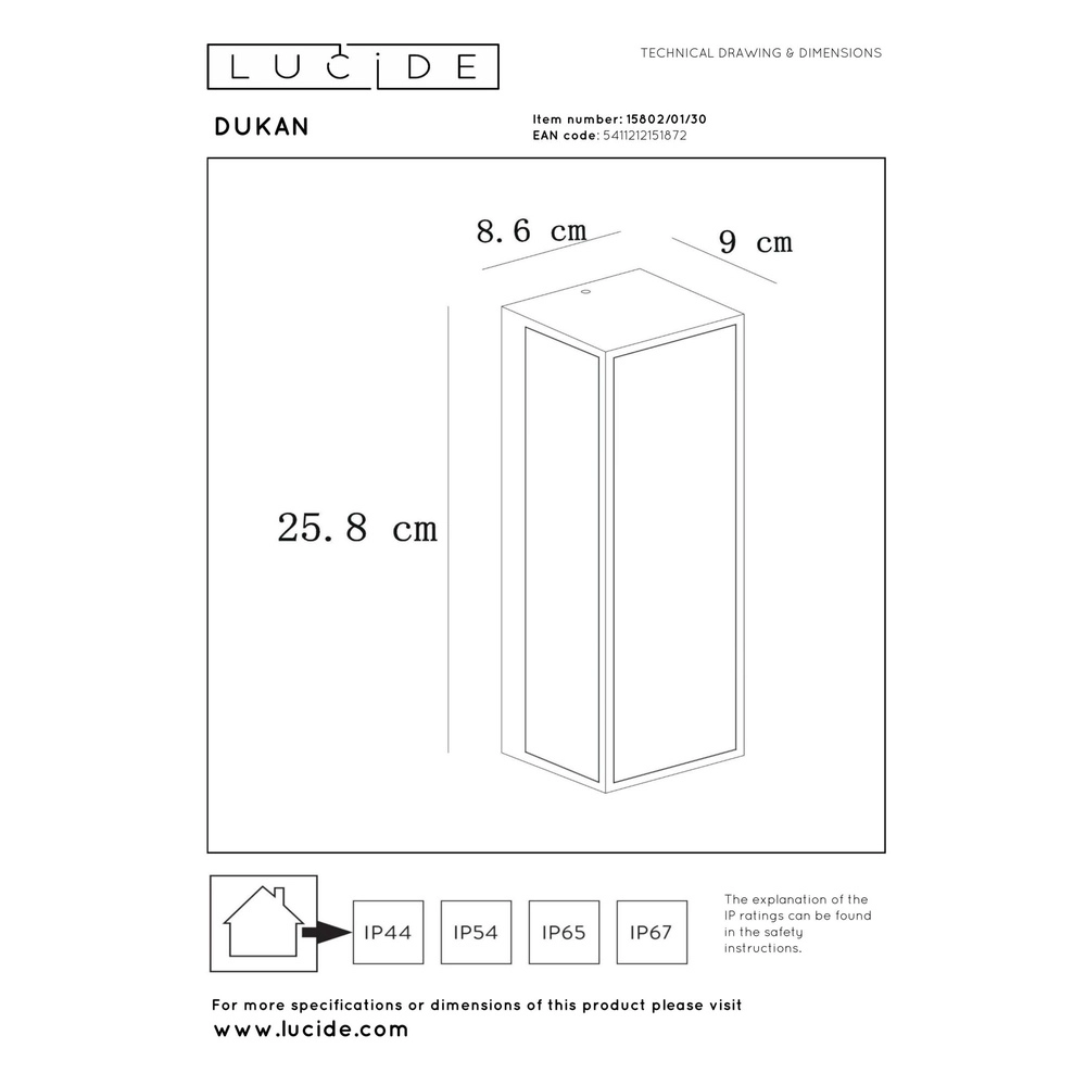 Design wall lamp Dukan IP65 black single Lucide 5411212151872