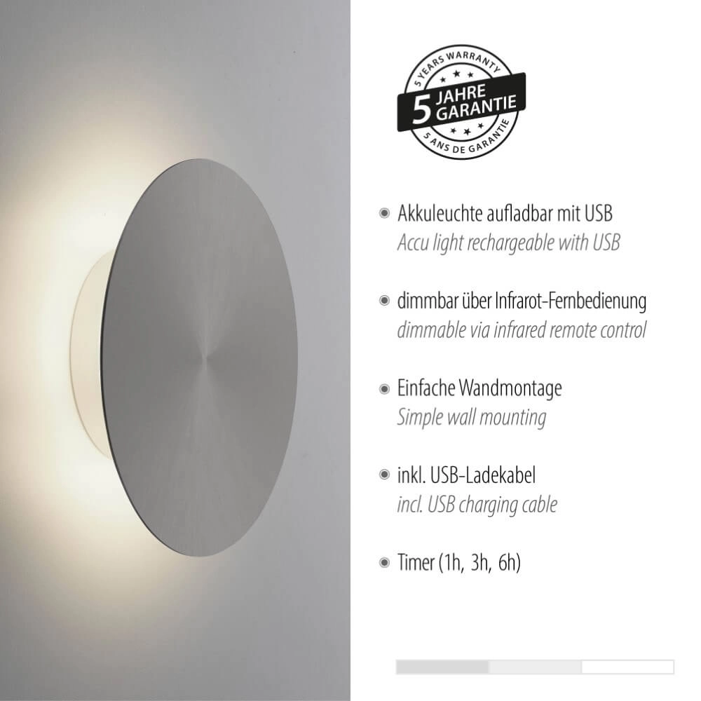 Design wall lamp Akku Puntua Ø 18cm grey Paul Neuhaus 4012248372487