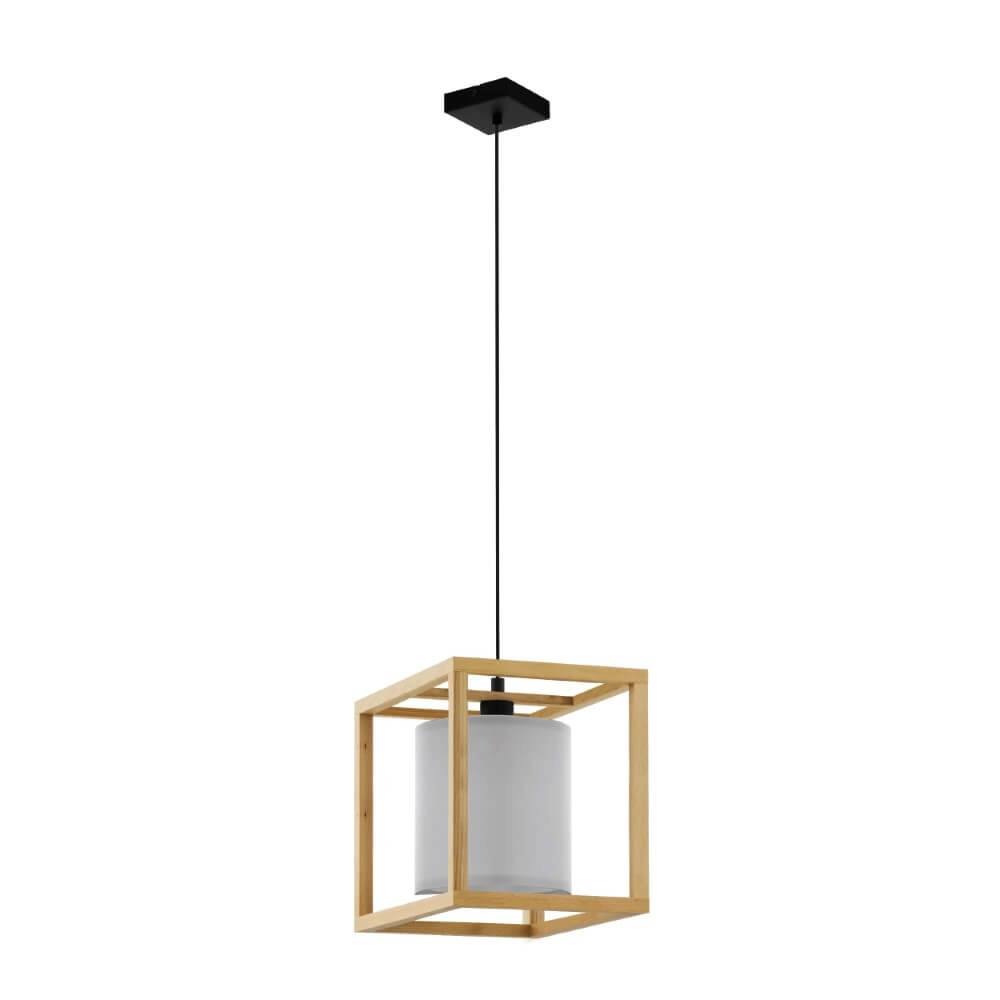 Wooden hanging lamp Granados with white hood
