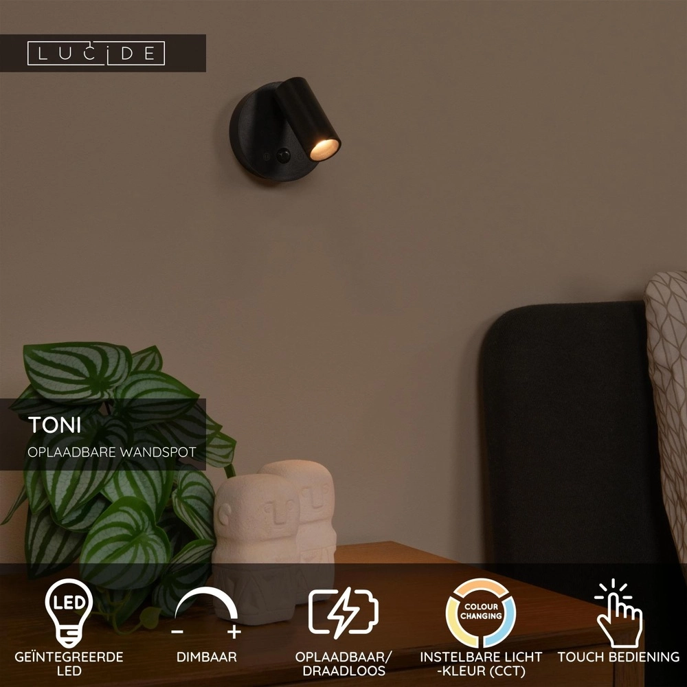 Rechargeable wall lamp with sensor Toni Magnetic Black Lucide 5411212290571