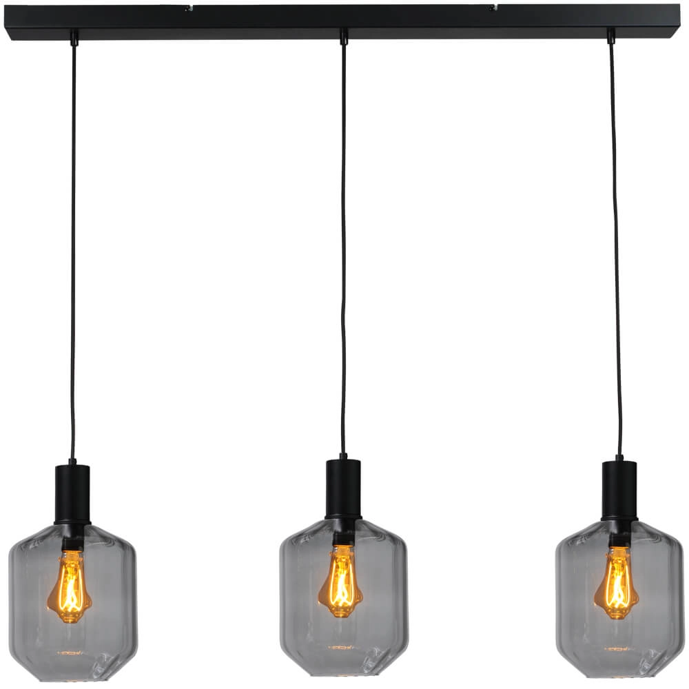 3-light hanging lamp - black - Porto with Jagger smoke glasses