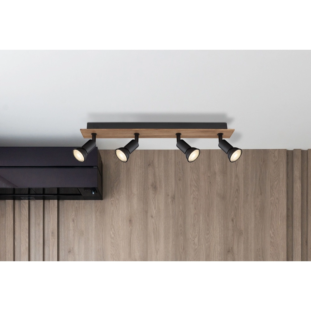 Ceiling spotlight Drew black with wood 4-lights Globo 9007371436781