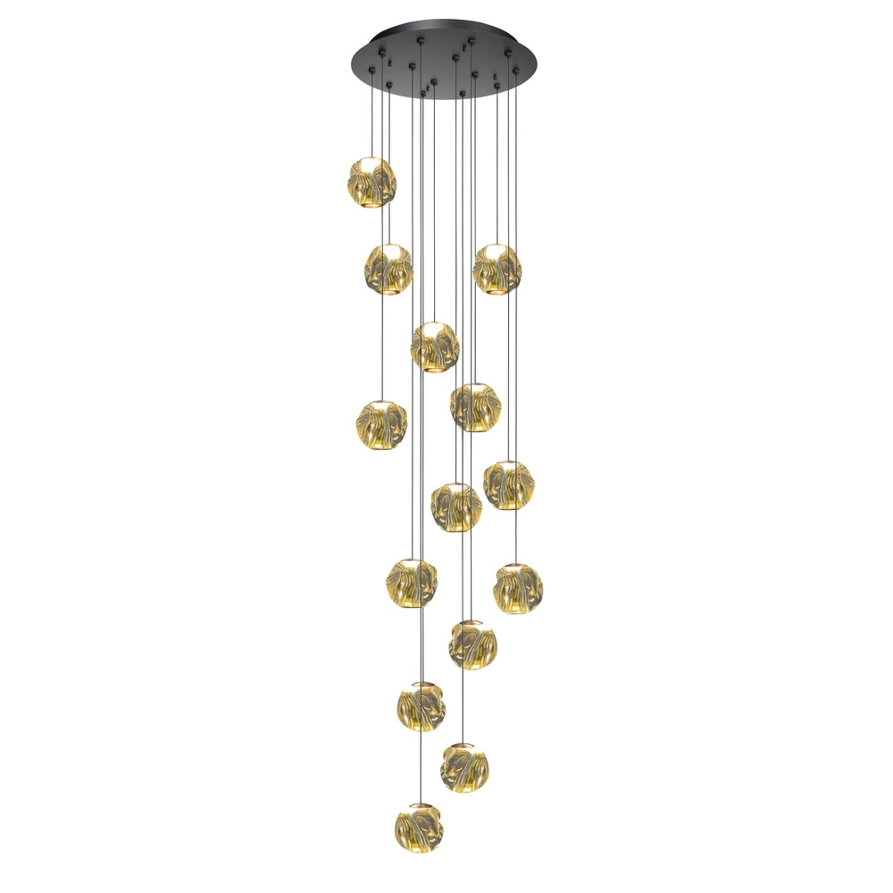 Pendant lamp Melina black with amber glass 14-lights