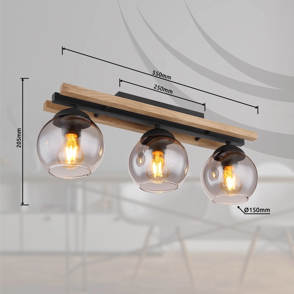 3-light ceiling lamp Conni black with wood Globo 9007371448739