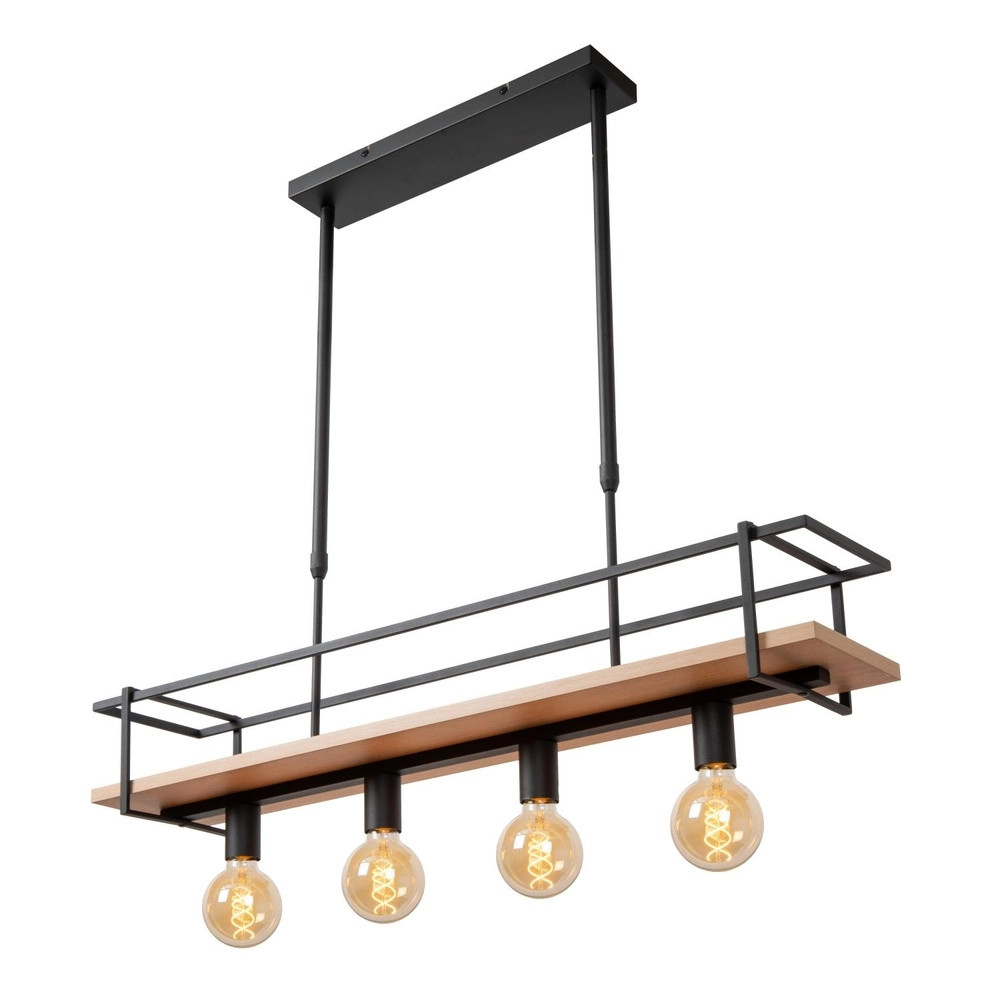 4-light pendant lamp Milonga black with wood Lucide 5411212211750