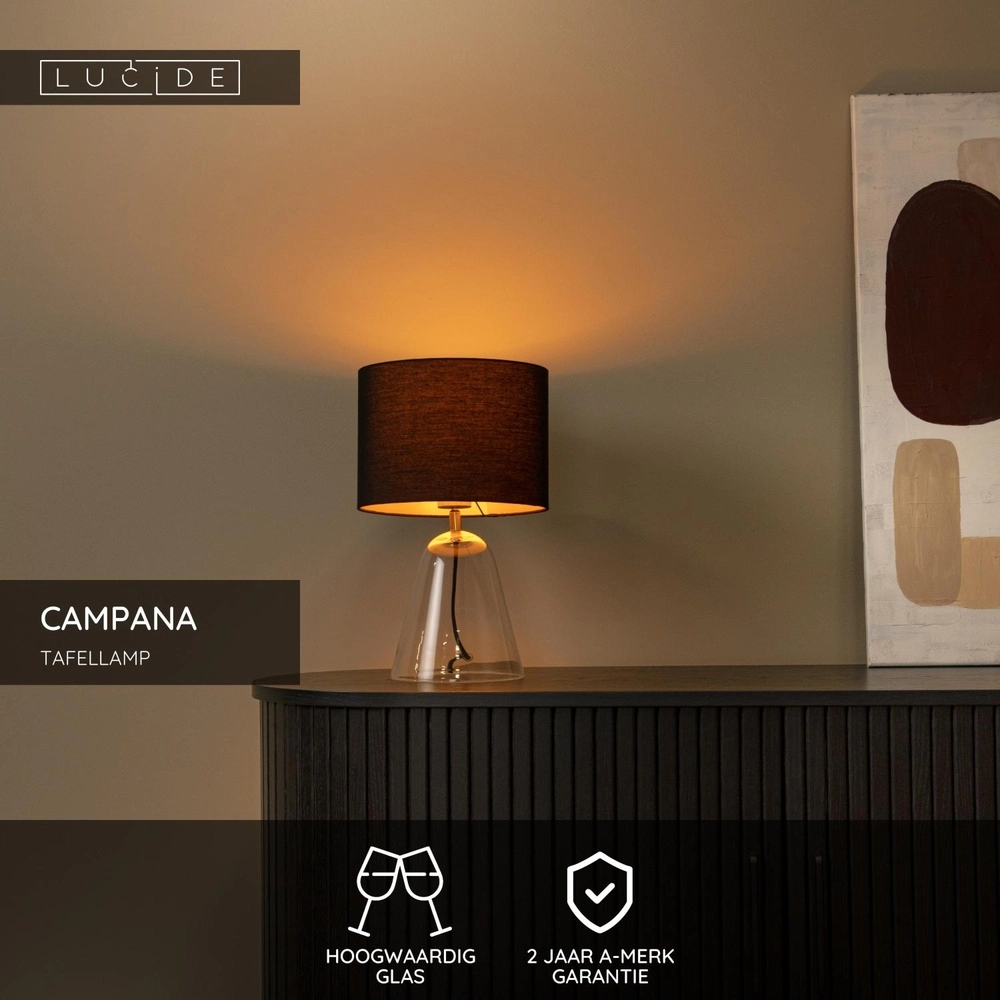 Table lamp Campana glass with black shade 40cm Lucide 5411212345806