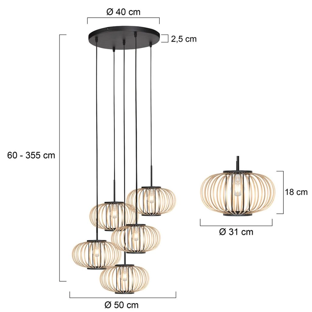 Pendant lamp 5-lights Silva with bamboo caps Steinhauer 8712746183184