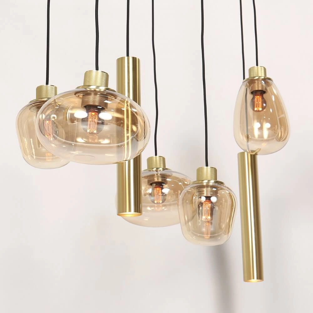 Dining table hanging lamp Reflexion gold with amber glass Steinhauer 8712746172966