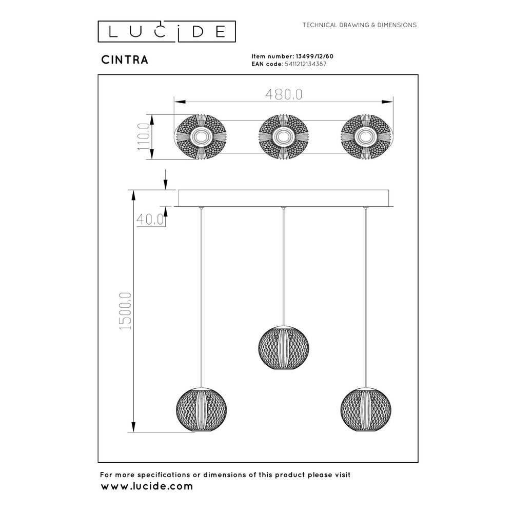 Golden pendant lamp Cintra 3-light Lucide 5411212134387