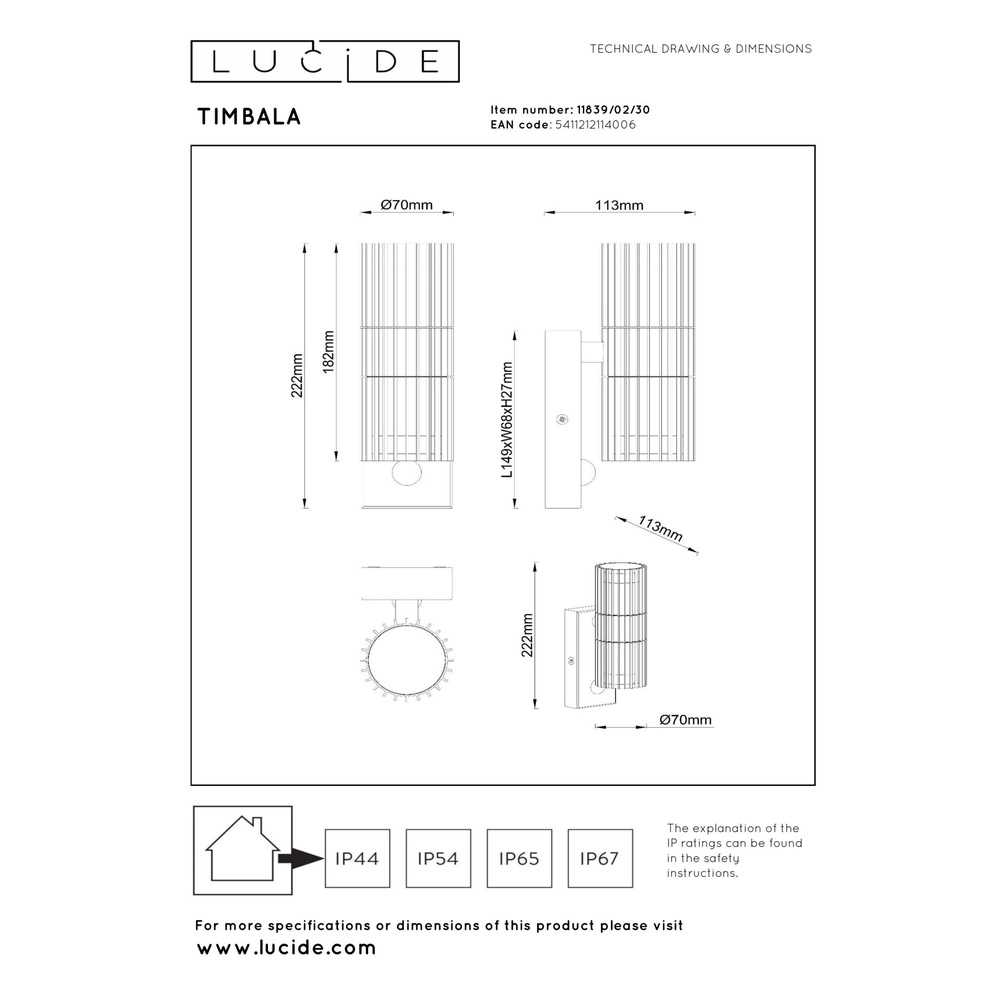 Black wall lamp Timbala Double with sensor Lucide 5411212114006