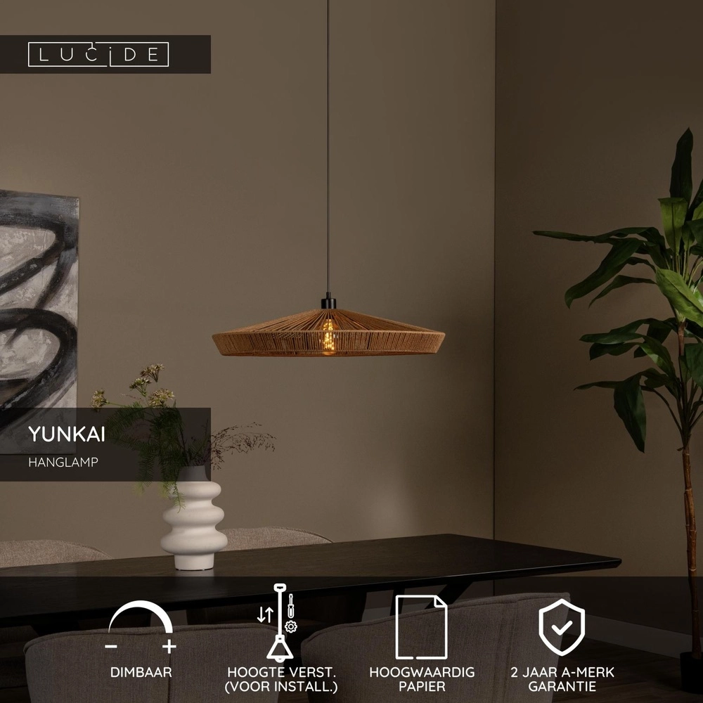 Pendant lamp Yunkai Ø 70cm black with rattan Lucide 5411212105707