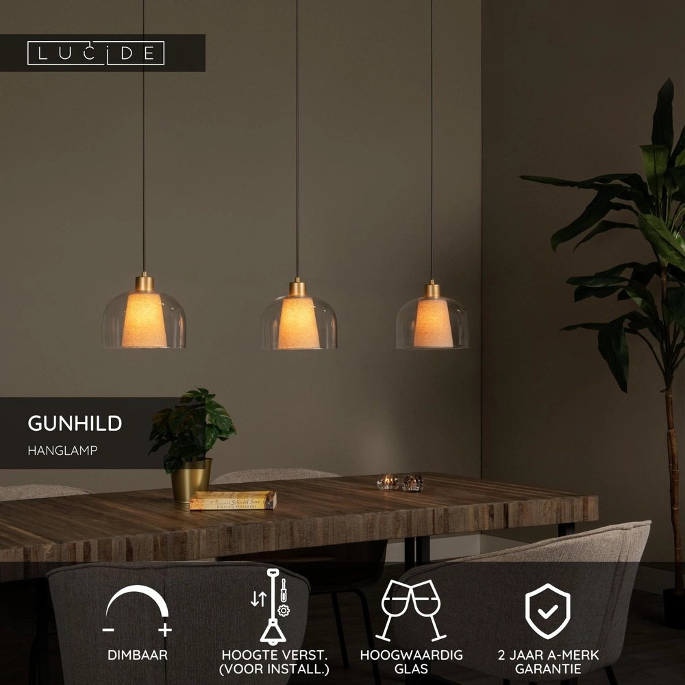 Design pendant lamp Gunhild 3-light gold straight Lucide 5411212303356