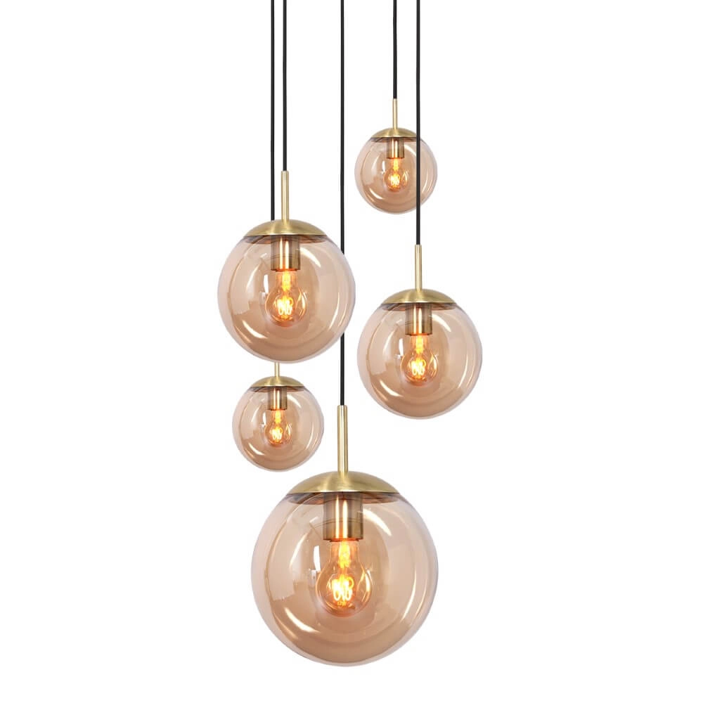 5-light loft hanging lamp Bolique gold with amber glass Steinhauer 8712746166439