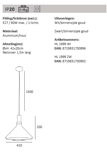 Sleek hanging lamp Cornet Ø 41cm Artdelight 8719831730902