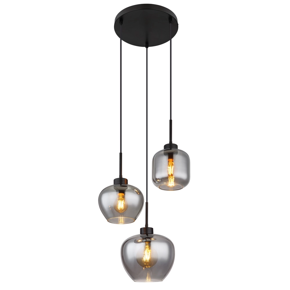 Design pendant lamp Matt 3-light black with smoke glass