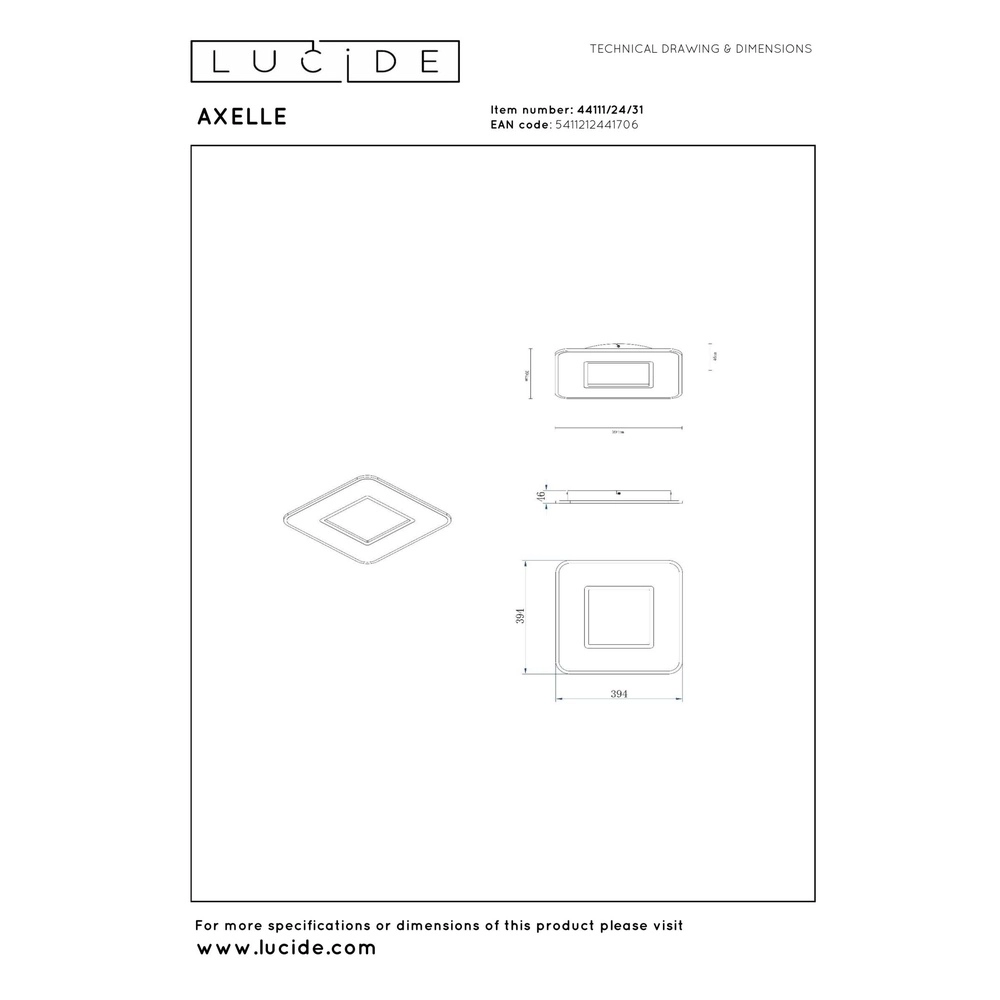 Square ceiling light Axelle white 2700K dimmable Lucide 5411212441706